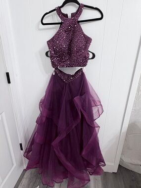 Plum Two-Piece Prom Dress with Beaded Halter Top